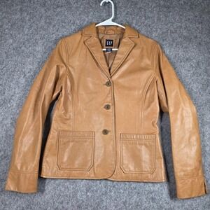 Vintage GAP Cognac Leather Brown Jacket Camel Coat Button Blazer Medium 2002 y2k
